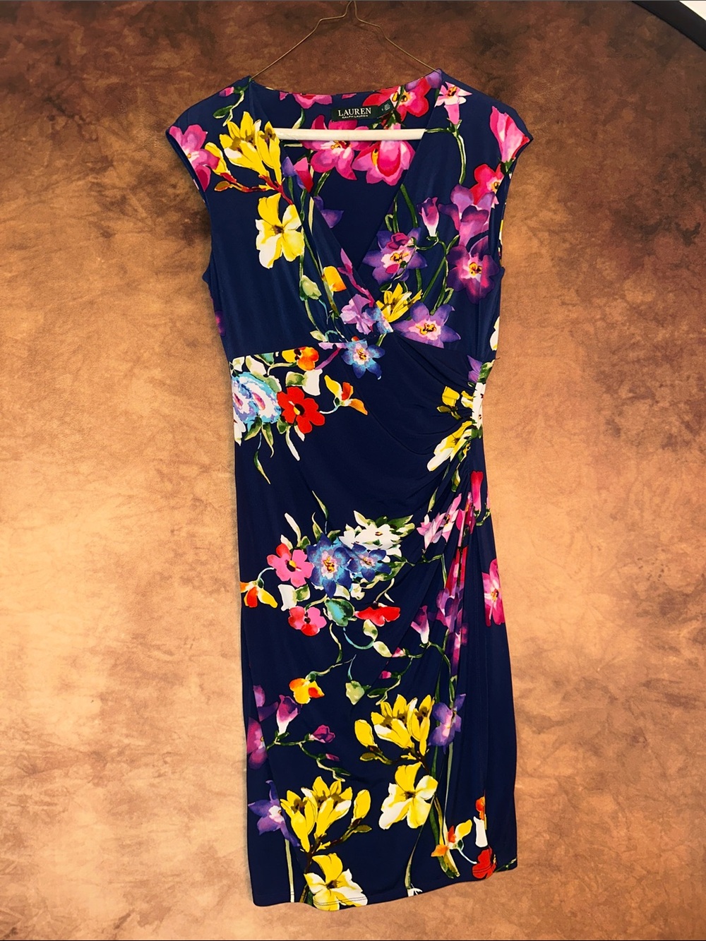 Lauren Ralph Lauren Navy Floral Faux-Wrap Midi Dress